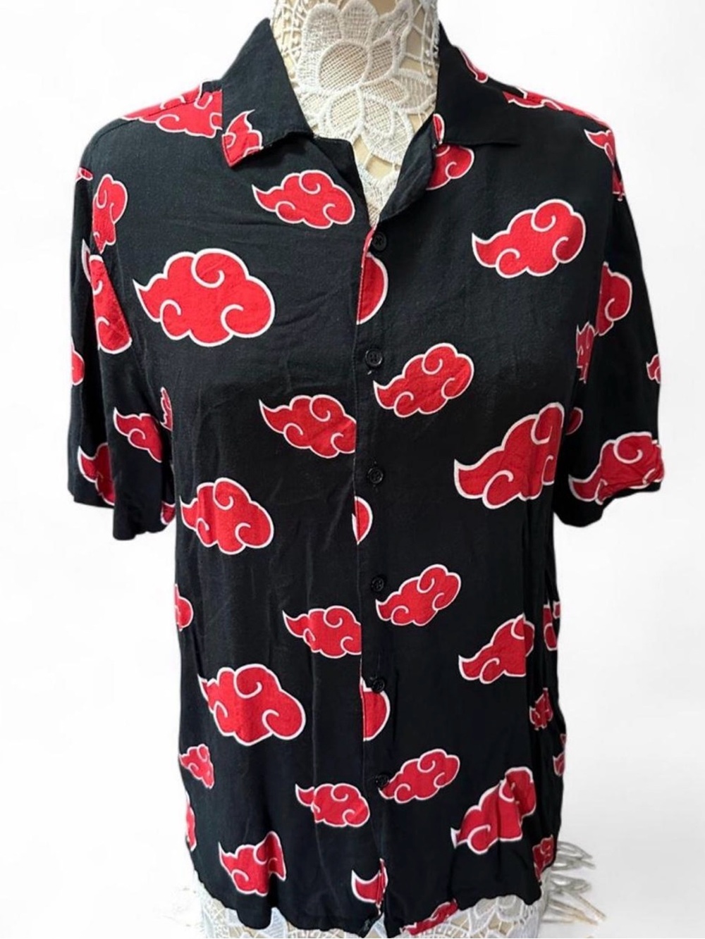 Ripple Junction Naruto Black Button-Down Shirt with Red Cloud Print